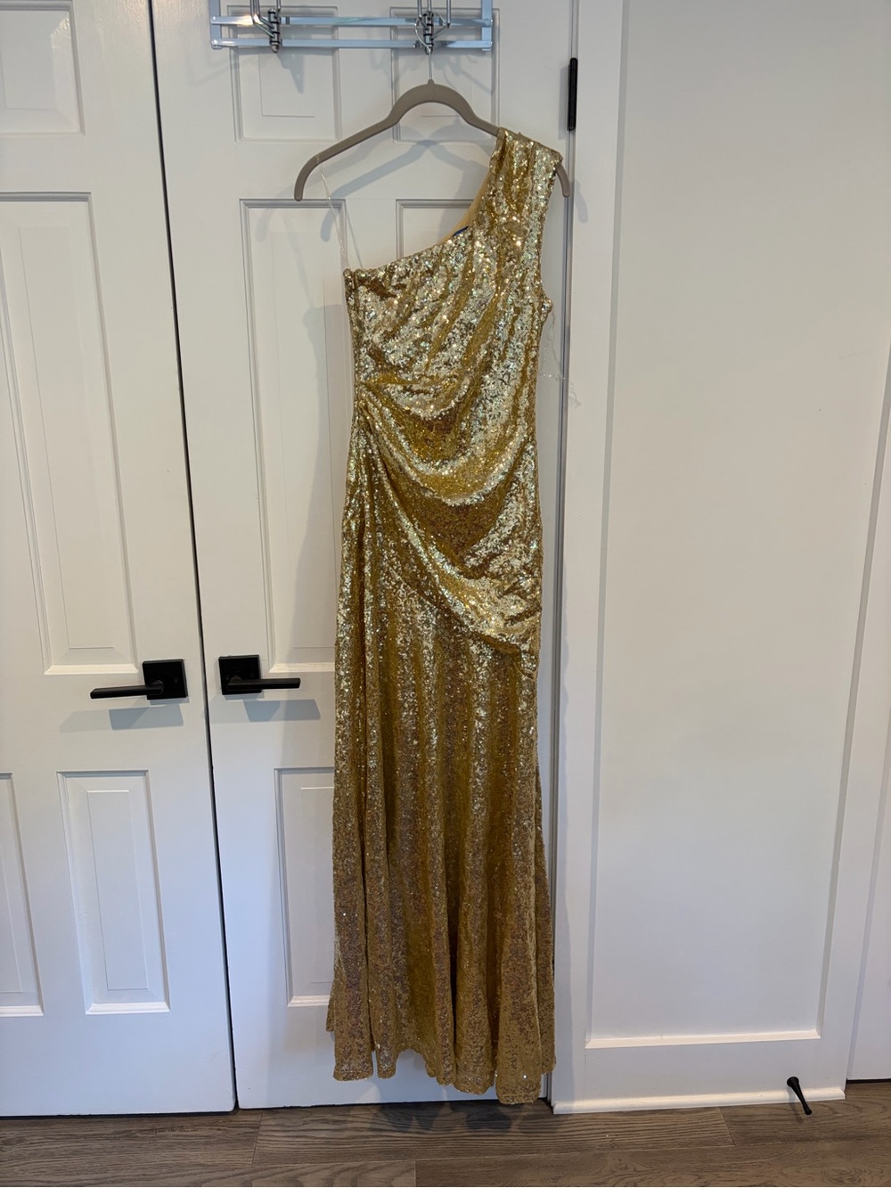 One-Shoulder Gold Sequin Evening Gown
